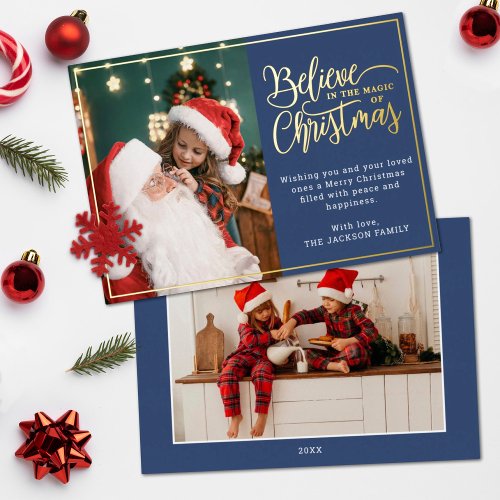 2 photo believe in the magic of Christmas blue Foil Holiday Card