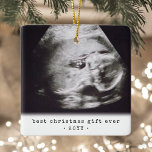 2 Photo Best Gift Ever Baby Ultrasound Christmas Ceramic Ornament<br><div class="desc">Celebrate the precious gift your newest family member with a stylish two photo square ceramic ornament. Gender neutral design is suitable for a new baby boy or girl. Wording and pictures on this template are simple to personalize, and can be different or the same on front and back. (IMAGE DESIGN...</div>