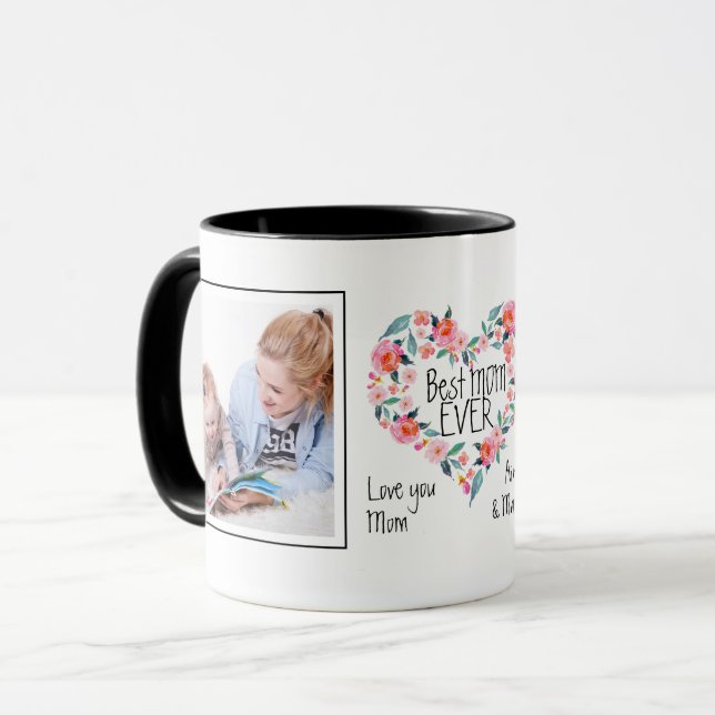 2 Photo Best Mom Ever Pink Floral Heart Wreath Mug (Front Left)