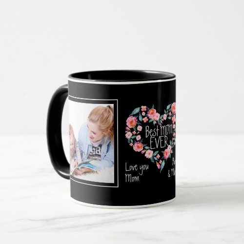 2 Photo Best Mom Ever Pink Floral Heart Wreath Mug