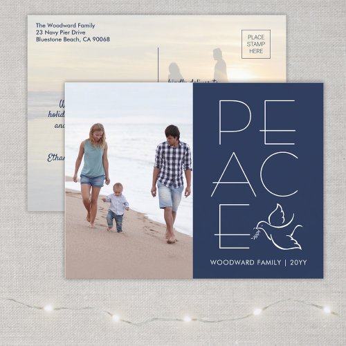 2 Photo Bird of Peace Modern Dove Navy Blue White Holiday Postcard