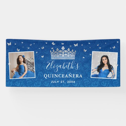 2 Photo Birthday Silver and Royal Blue Quinceanera Banner