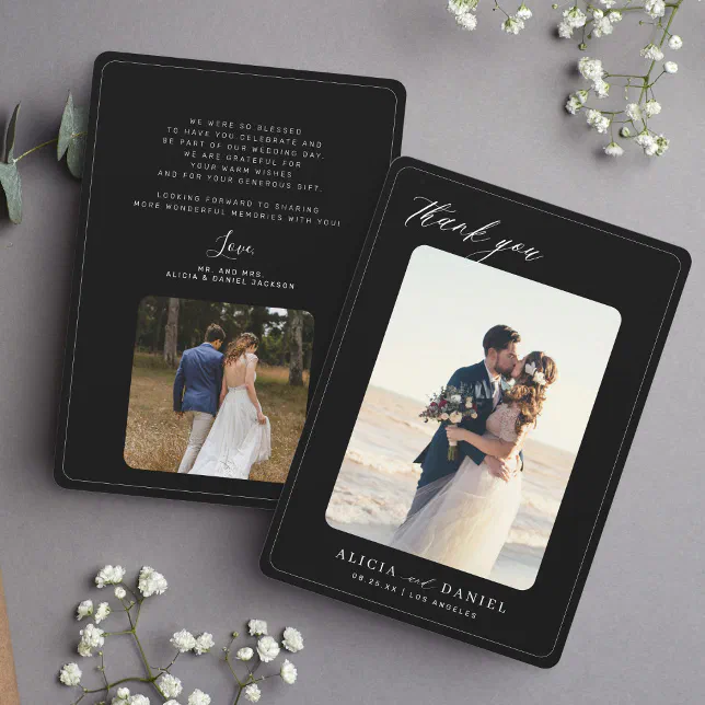 2 photo black and white elegant wedding thank you card | Zazzle
