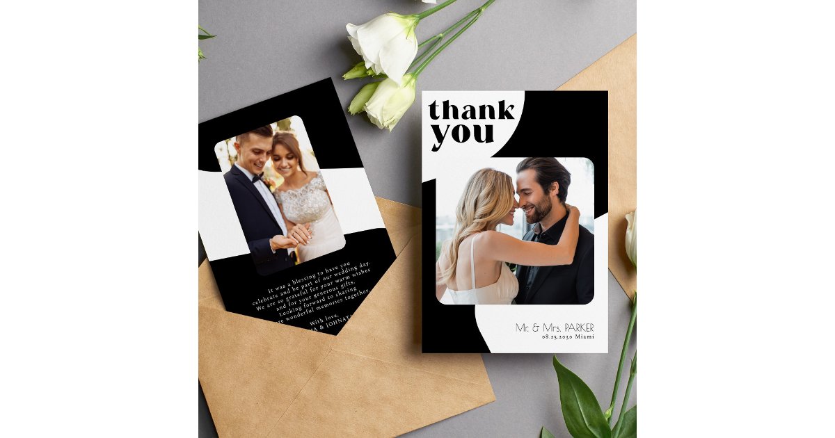 2 photo black and white wedding thank you card | Zazzle
