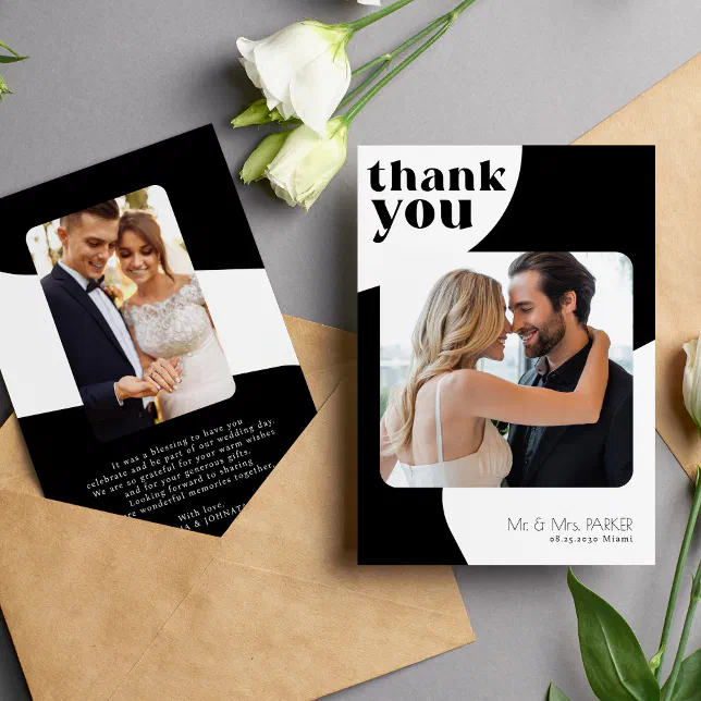 2 photo black and white wedding thank you card | Zazzle