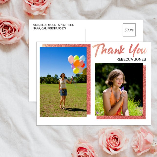 2 Photo Blocks Rose Gold Graduation Thank You Postcard (Creator Uploaded)