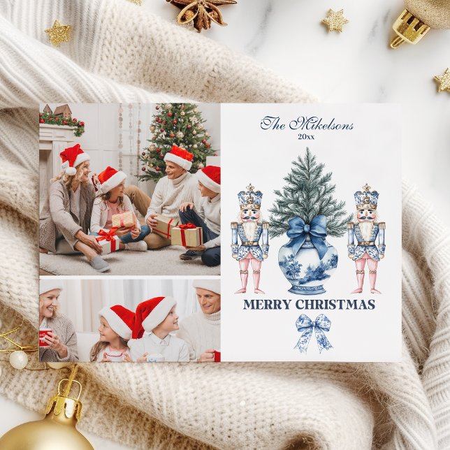 2 Photo Blue Chinoiserie Nutcracker Christmas Holiday Card (Creator Uploaded)