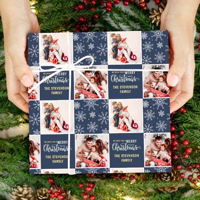2 Photo Blue Merry Christmas  Wrapping Paper (Creator Uploaded)