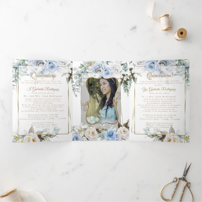 2 Photo Blue Peony Mis Quince Años Tri-Fold (Inside)
