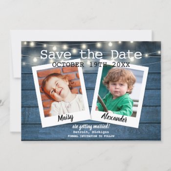 2 Photo Blue Rustic Wood String Lights Save The Date by thisisnotmedesigns at Zazzle