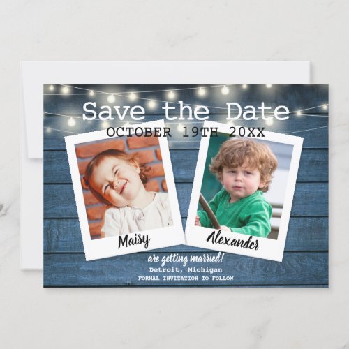 2 Photo Blue Rustic Wood String Lights Save The Date