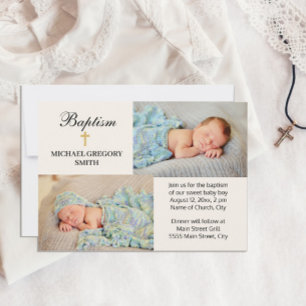 2 Photo Boy Girl Gold Cross Religious Baptism Invitation