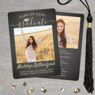2 Photo Brushed Black and Gold Script Graduation Announcement
