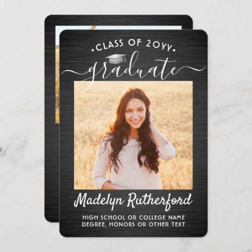 2 Photo Brushed Black and White Script Graduation Announcement