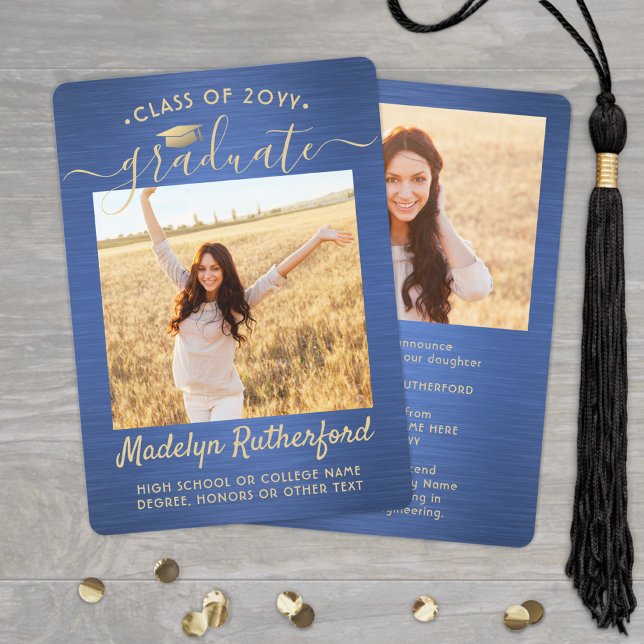 2 Photo Brushed Blue Gold Script Modern Graduation Announcement (Creator Uploaded)