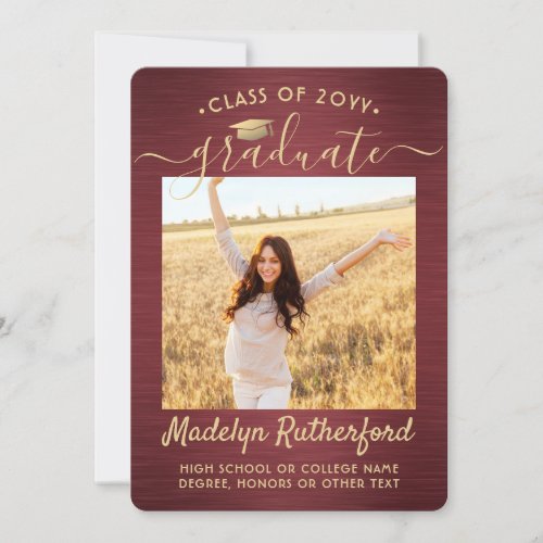 2 Photo Brushed Burgundy  Gold Script Graduation Announcement