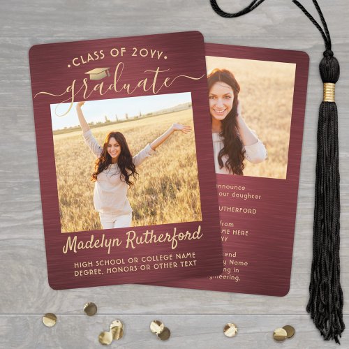 2 Photo Brushed Burgundy &amp; Gold Script Graduation Announcement