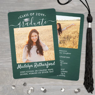 2 Photo Brushed Green and White Script Graduation Announcement