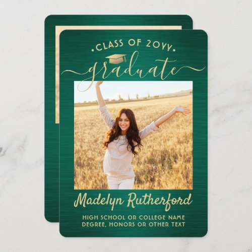 2 Photo Brushed Green  Gold Graduation Class Year Announcement