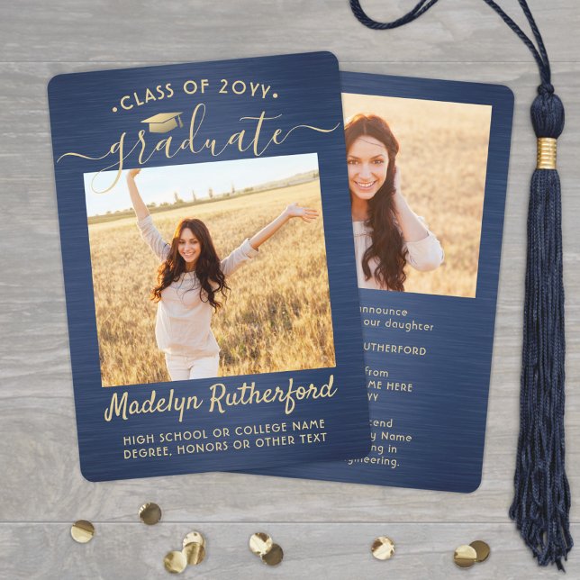 2 Photo Brushed Navy Blue & Gold Script Graduation Announcement (Creator Uploaded)