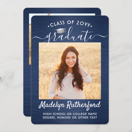 2 Photo Brushed Navy Blue White Script Graduation Announcement