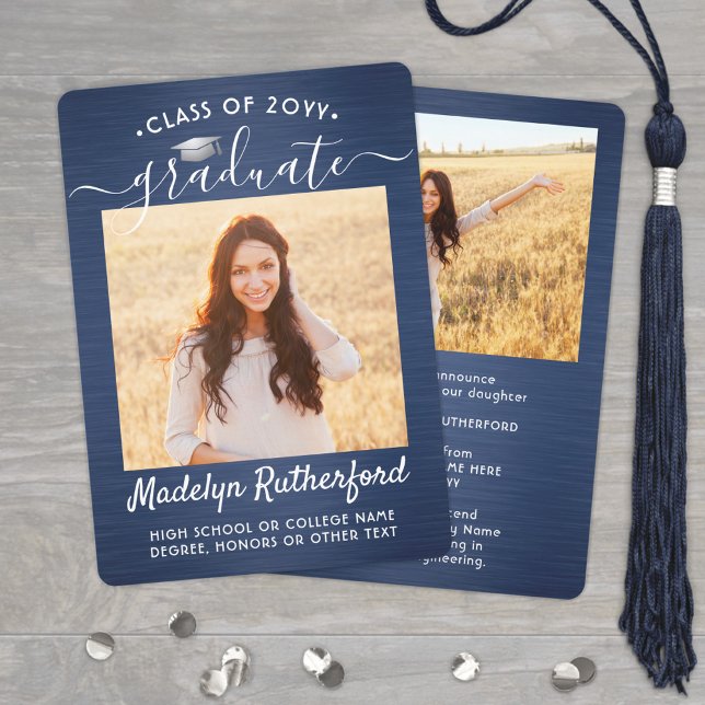 2 Photo Brushed Navy Blue White Script Graduation Announcement (Creator Uploaded)