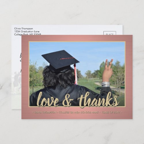 2 Photo Brushed Rose Gold Love  Thanks Graduation Postcard