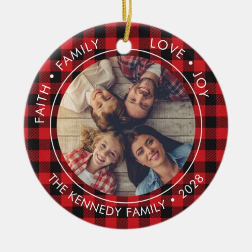 2 Photo Buffalo Plaid Faith Family Love Joy  Ceram Ceramic Ornament