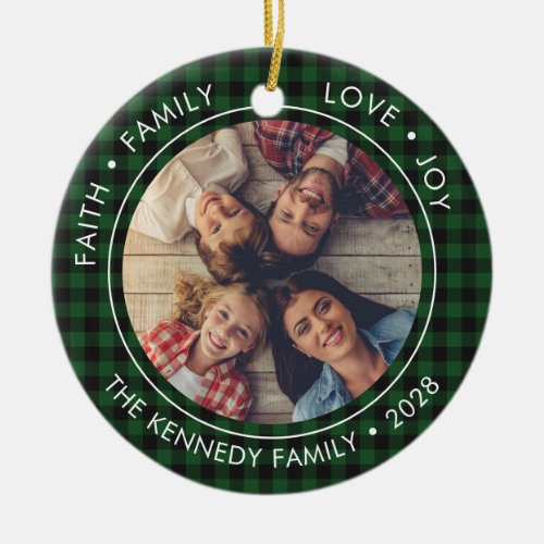 2 Photo Buffalo Plaid Faith Family Love Joy  Ceramic Ornament