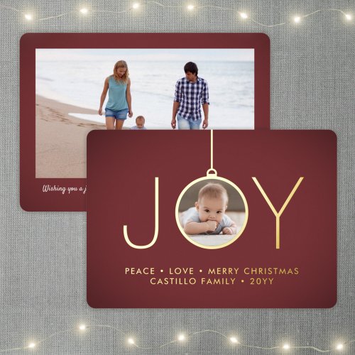 2 Photo Burgundy Modern Joy Christmas Ornament Foil Holiday Card