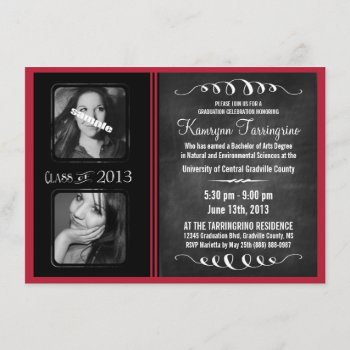 2 Photo Chalkboard Graduation Black And Red Invitation by PartyHearty at Zazzle