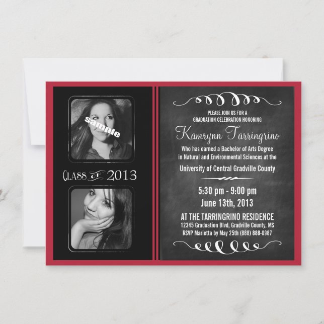 2 Photo Chalkboard Graduation Black and Red Invitation (Front)
