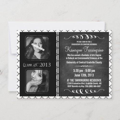 2 Photo Chalkboard Graduation Black and White Invitation