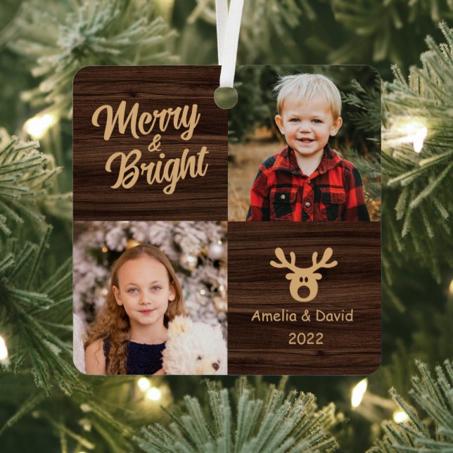 2 Photo Children Rustic Wood Christmas Metal Ornament (Insitu)