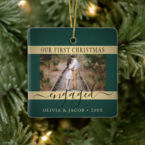 2 Photo Christmas Engagement Green and Faux Gold Ceramic Ornament