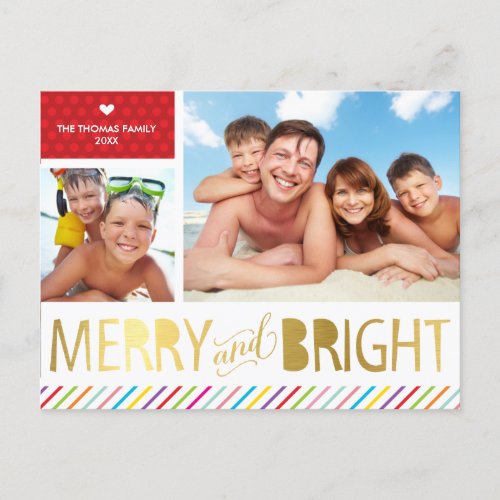 2 PHOTO CHRISTMAS FAMILY modern merry  bright Holiday Postcard
