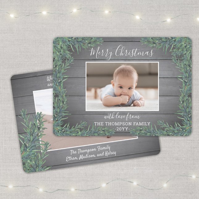2 Photo Christmas Greenery & Rustic Gray Wood Holiday Card (Creator Uploaded)