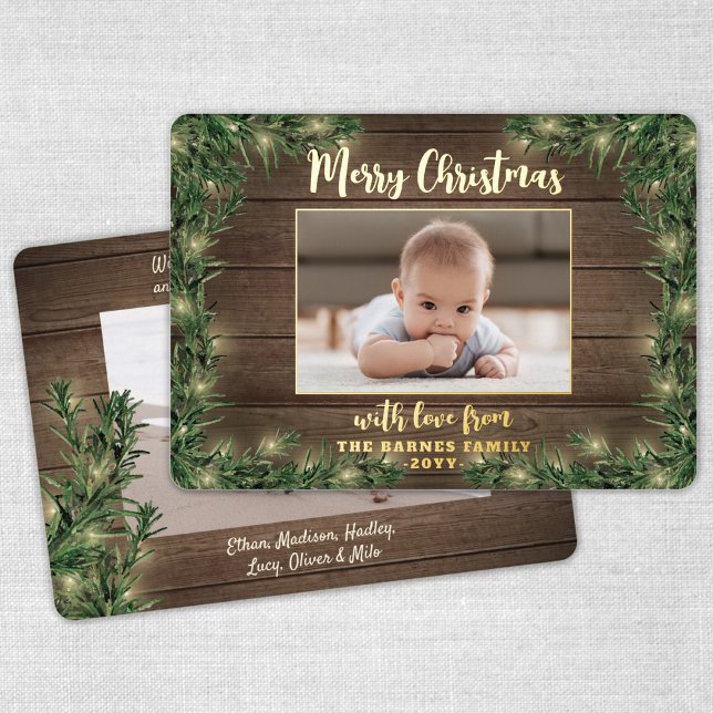 2 Photo Christmas Greenery, Rustic Wood & Lights Foil Holiday Card (Creator Uploaded)