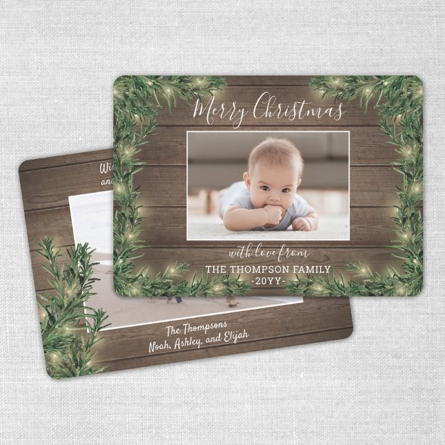 2 Photo Christmas Greenery, Rustic Wood & Lights Holiday Card (Creator Uploaded)