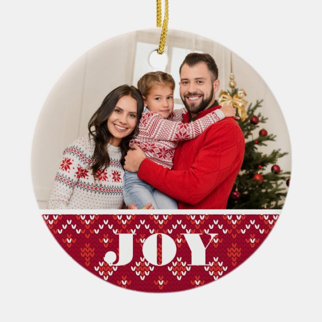 2 Photo Christmas Joy Nordic Sweater Holiday Ceramic Ornament (Front)