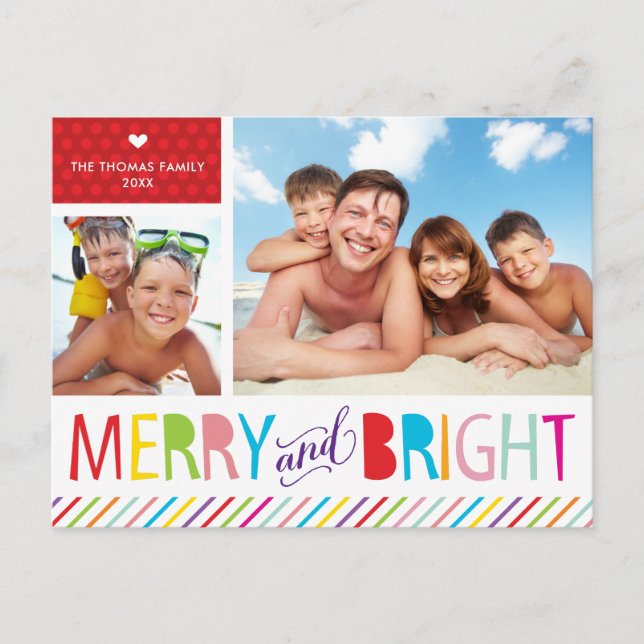 2 PHOTO CHRISTMAS POSTCARD modern merry & bright (Front)