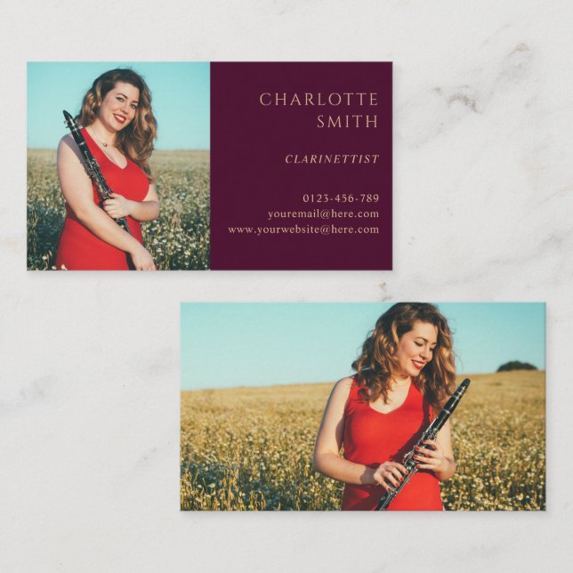 2 Photo Clarinettist Modern Burgundy Business Card (Front/Back)