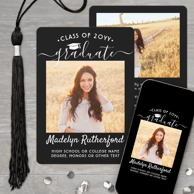 2 Photo Class Year Black & White Script Graduation Announcement (Creator Uploaded)