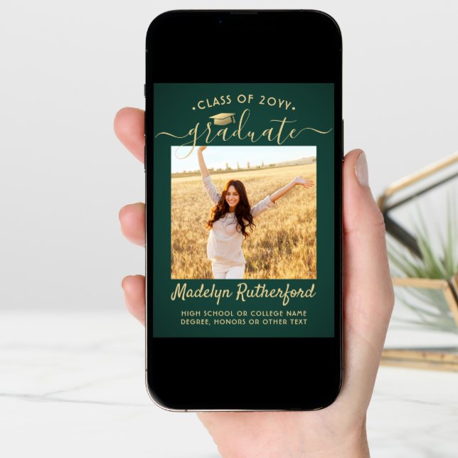 2 Photo Class Year Green & Gold Script Graduation Announcement (Front Digital)