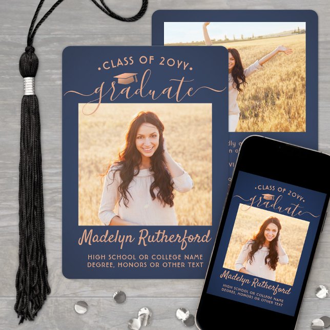 2 Photo Class Year Navy Blue and Copper Graduation Announcement (Creator Uploaded)