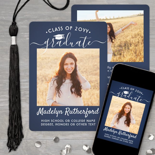 2 Photo Class Year Navy Blue and White Graduation Announcement (Creator Uploaded)