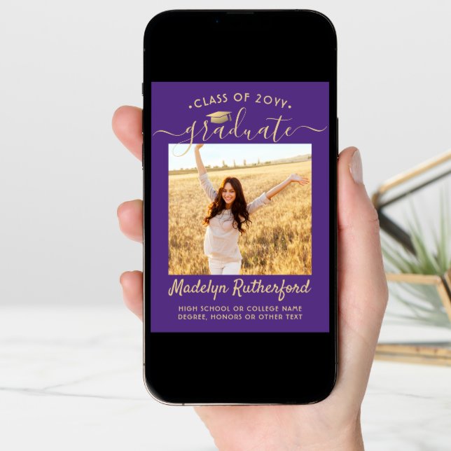 2 Photo Class Year Purple & Gold Script Graduation Announcement (Front Digital)