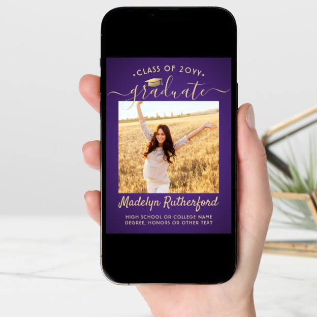 2 Photo Class Year Purple & Gold Script Graduation Announcement (Front Digital)