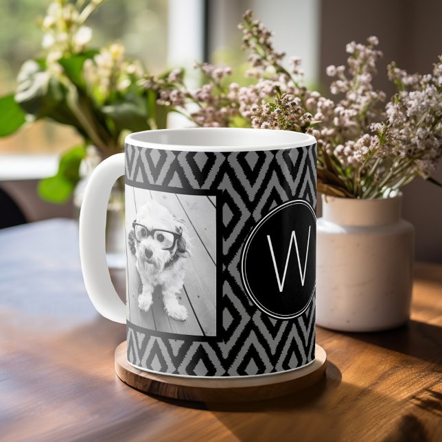 2 Photo Collage - Black Gray Ikat and Monogram Coffee Mug (Personalized Coffee Mug)