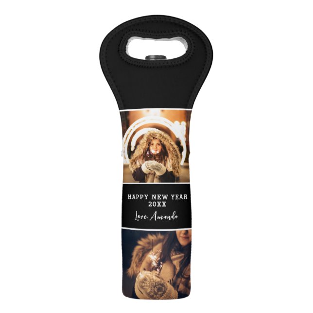 2 Photo Collage Black Happy New Year 2023 Wine Bag (Front)